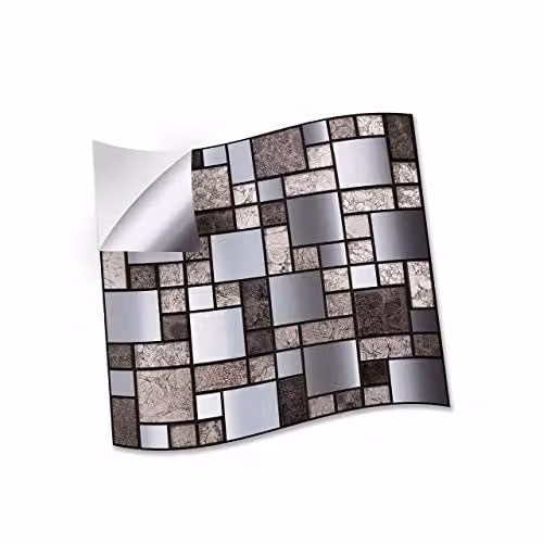 WALPLUS Metallic Silver Grey Stone Mosaic Wall Stickers, Pack of 24, 15 cm Geometric Square Self-Adhesive Tiles for Kitchen and Bathroom Backsplash