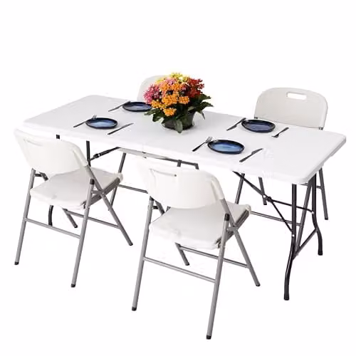 Novecrafto 6ft Rectangular Folding Table and 4 Folding Chairs Set in White with Powder Coated Steel Frames