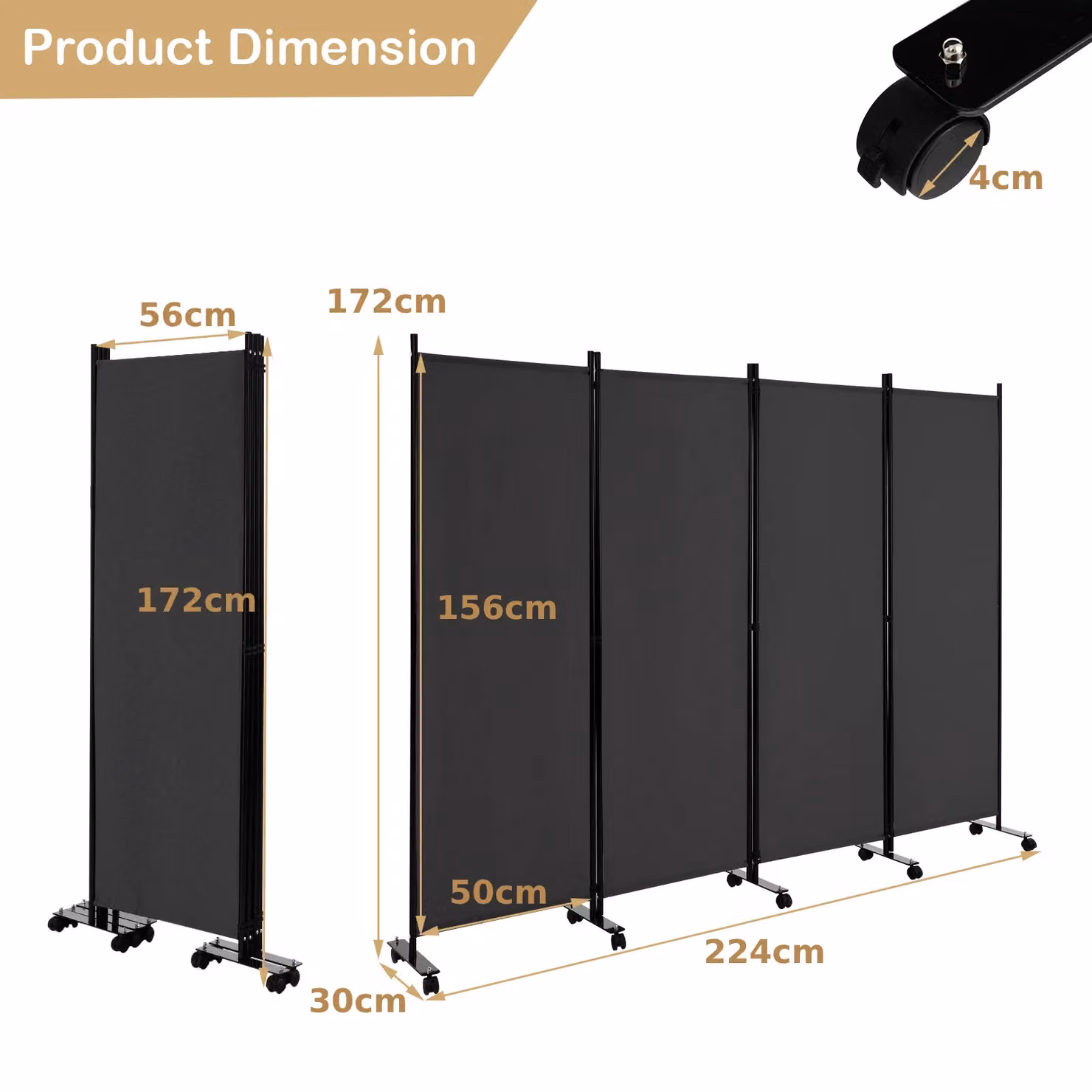Costway 4 Panel Rolling Room Divider in Dark Grey – 2