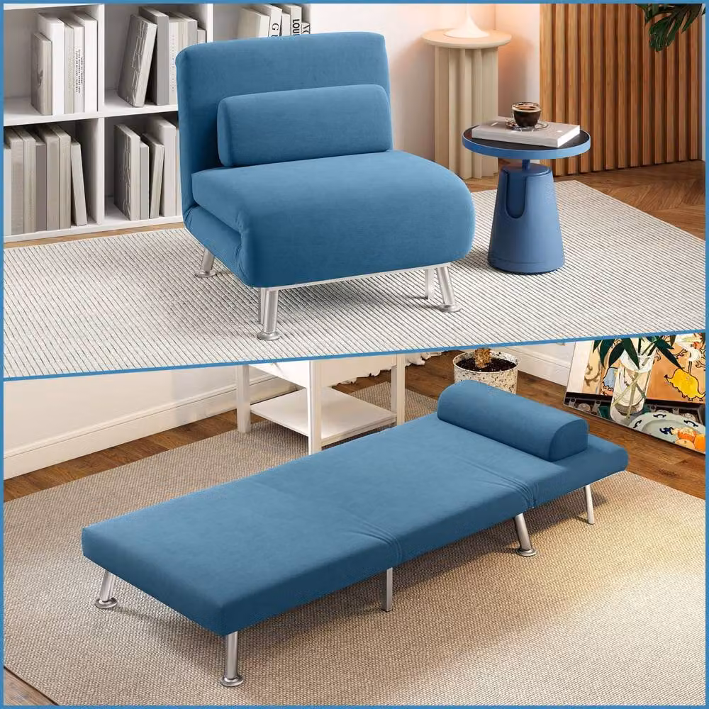 Wyld Haus Ziel Lika Blue Velvet Single Sleeper Chair with Silver Metal Legs – 3