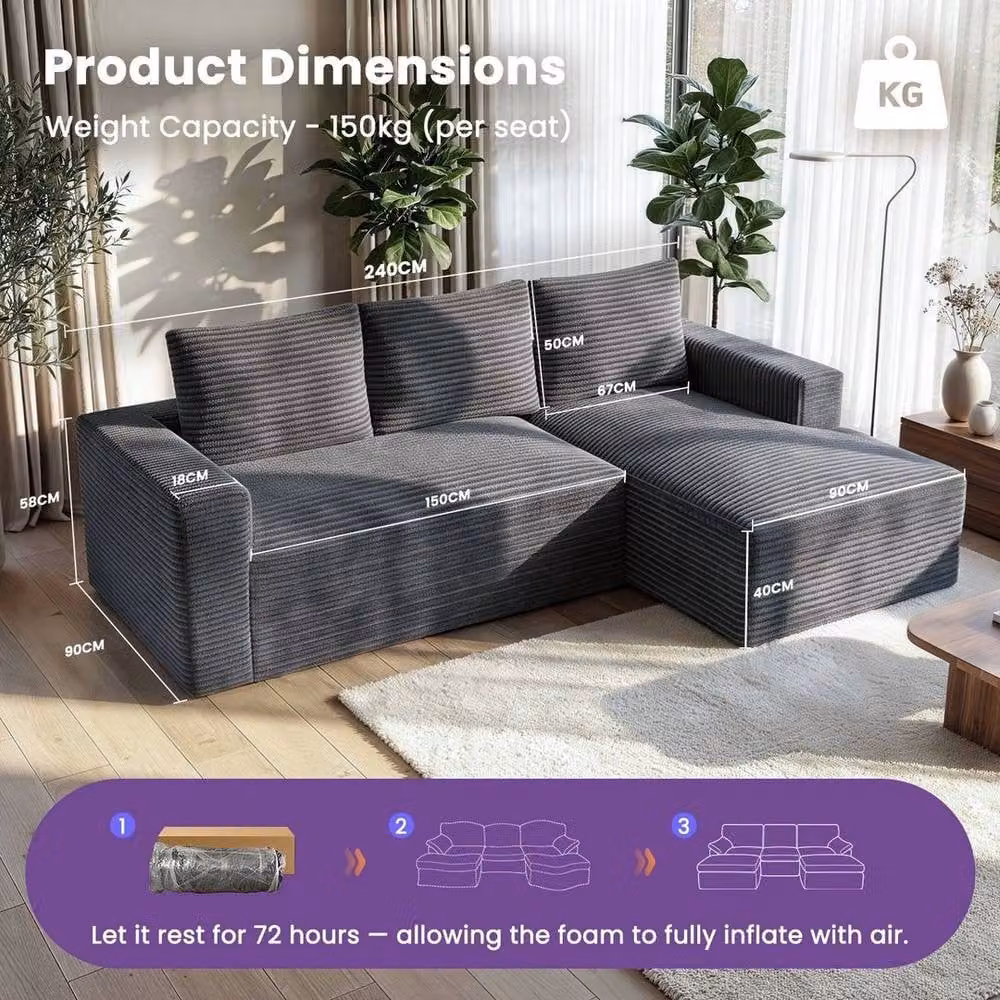 FORGEVIO Grey L-Shaped Modular Boneless Fabric Sofa with Scatter Cushions – 5