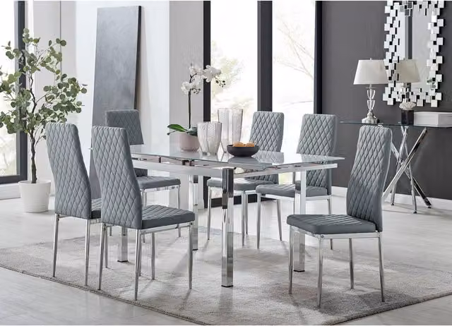 FurnitureboxUK Enna White Glass Extending Modern Rectangular Kitchen Dining Table and 6 Milan Grey Chairs