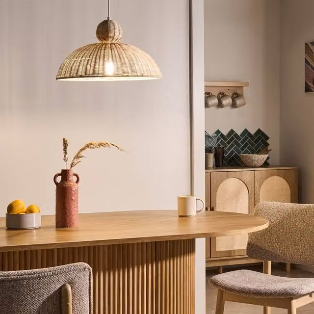 Wyld and Coco Large Handwoven Rattan Dome Pendant Lamp in Beige