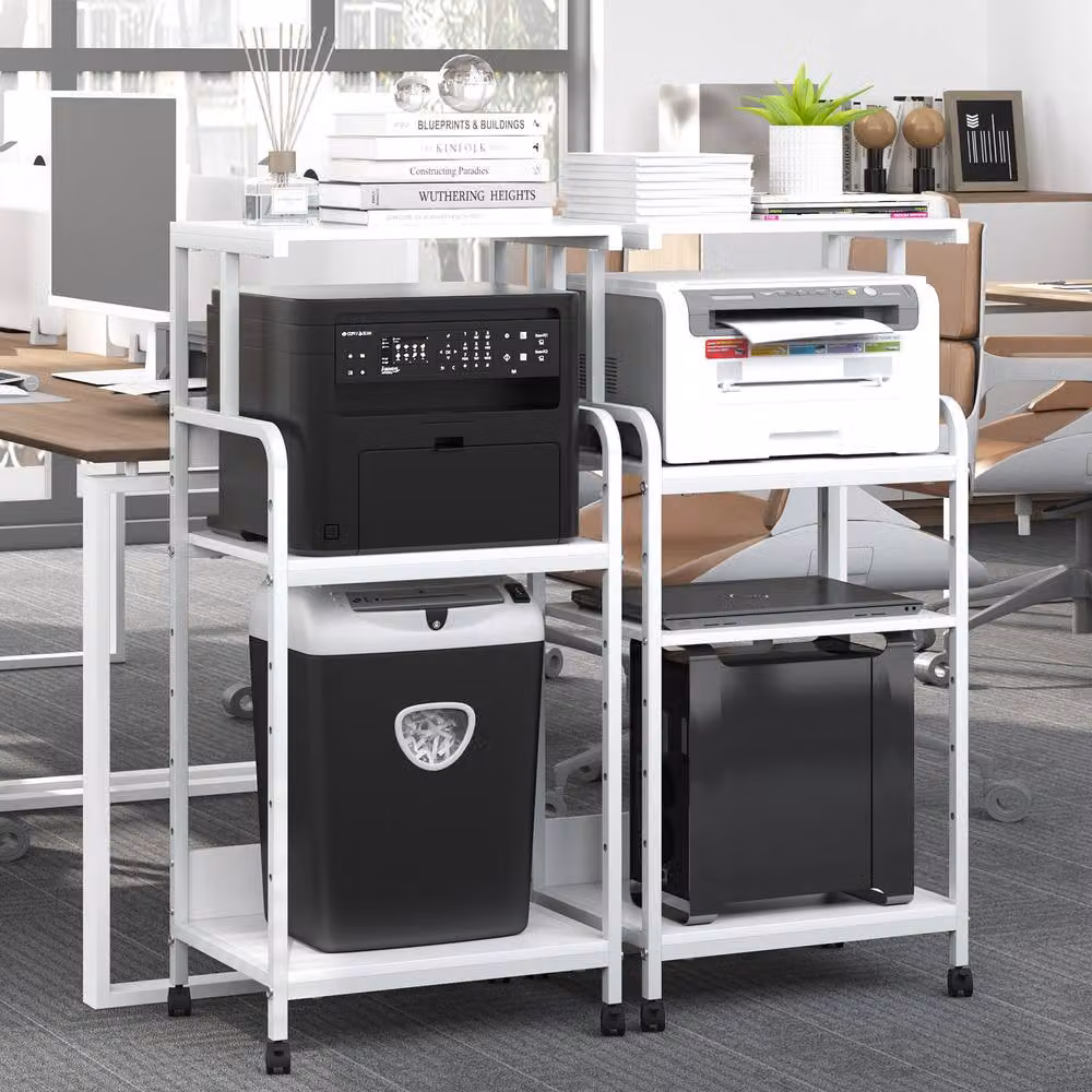 Huhote 4-Tier Printer Stand with Wheels and Adjustable Shelves, White – 5