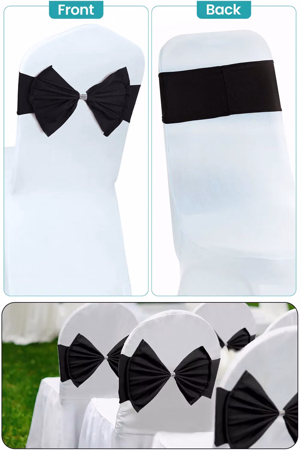 Neel Blue Pack of 10 Stretchy Chair Sash Bands with Slider Buckles in Black and Blue for Weddings, Parties and Events – 5