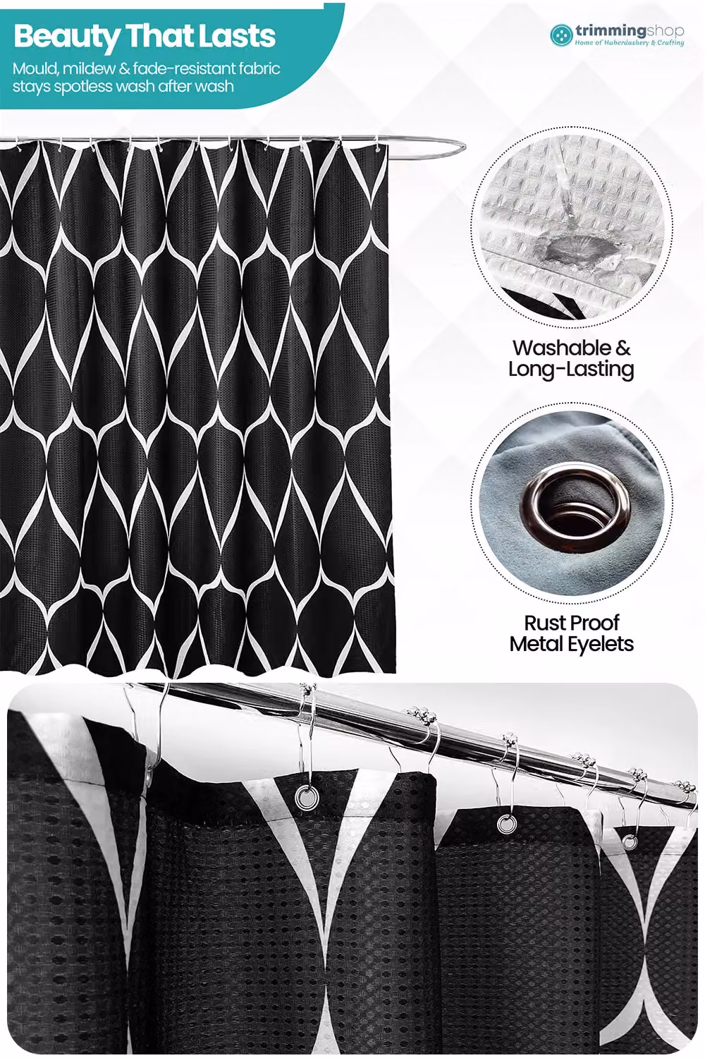 Neel Blue Lattice Design Waterproof Polyester Bathroom Shower Curtain in Black and Blue with Hooks, W: 180 cm, H: 200 cm – 4