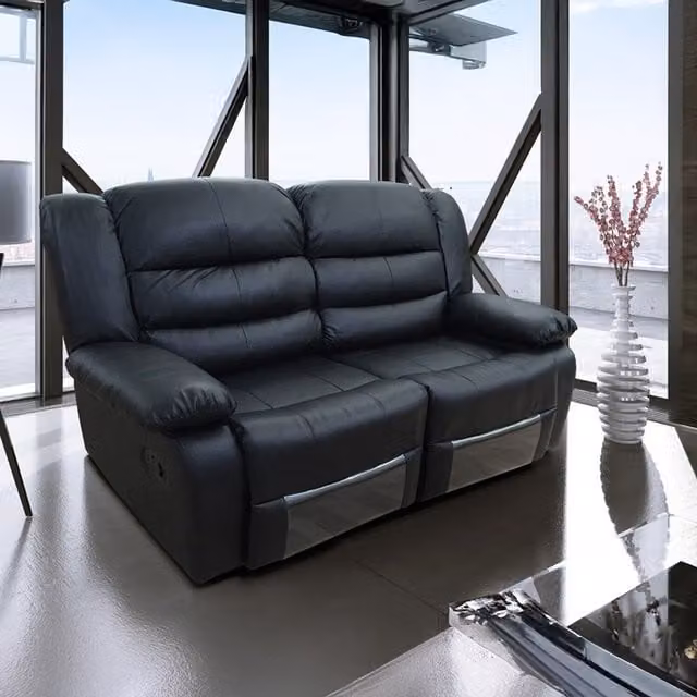 Furniture786Ltd Boston 2 Seater Leather Recliner Sofa in Black and Grey