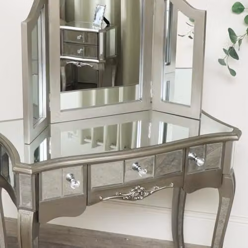 Melody Maison Tiffany Range Ornate Mirrored 3 Drawer Dressing Table, Stool and Mirror Bedroom Furniture Set in Metallic Silver – 3