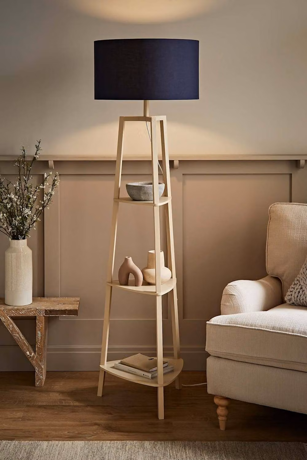 ValueLights Hiru 3 Tier Wooden Shelf Floor Lamp with Blue Fabric Cylinder Shade and Bulb, Beige and Blue – 2
