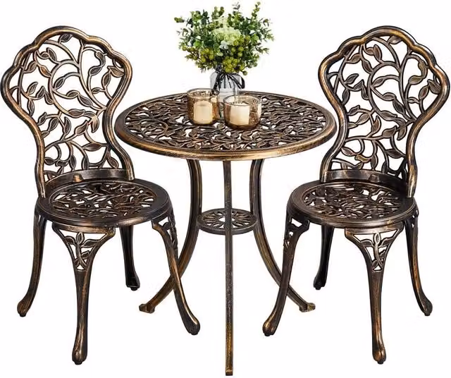 KORVIXA 3 Piece Antique Bronze Bistro Dining Set, Powder Coated Aluminium, W/D/H: 100 x 100 x 100 cm