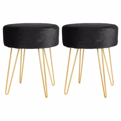 Harbour Housewares Pack of 2 Round Velvet Footstools in Black with Gold Legs, H41 x D45 cm