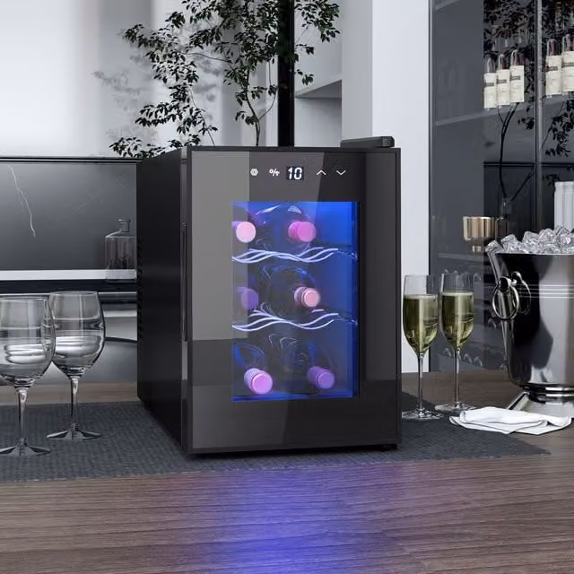 HOMCOM Mini Countertop Wine Fridge with Glass Door and Touch Screen, Black, 6 Bottle Capacity