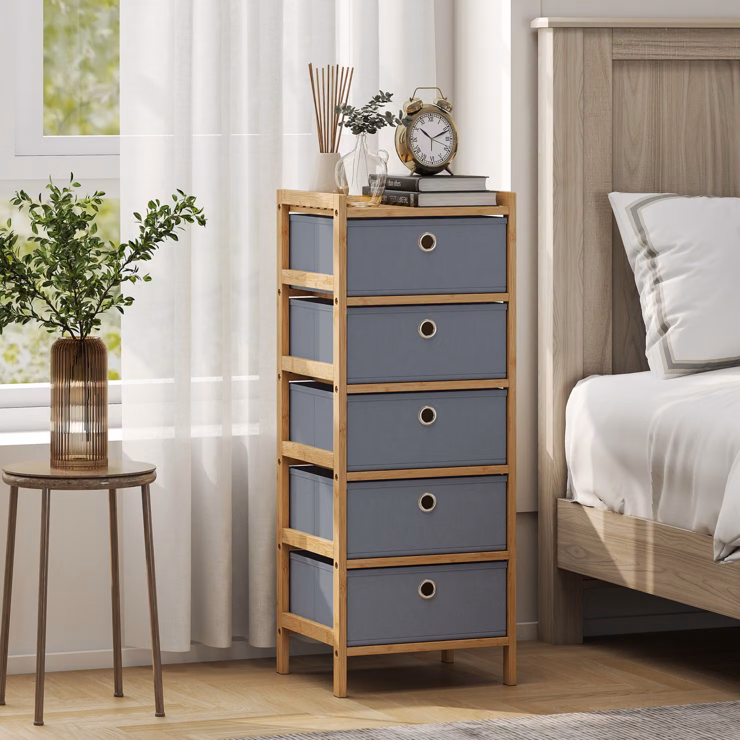 HOMCOM Narrow Chest of Drawers with 5 Fabric Drawers and Bamboo Frame, Light Grey – 2