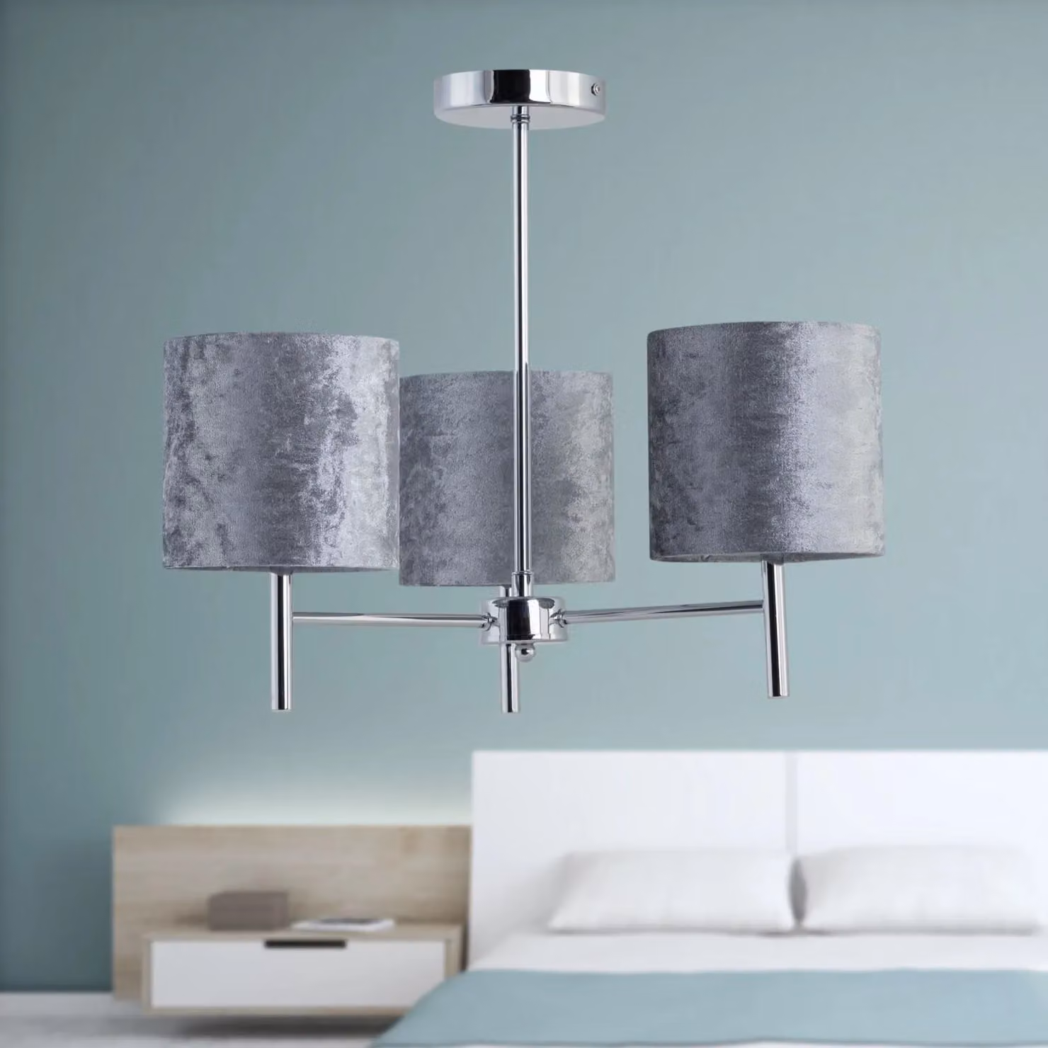 First Choice Lighting Brea Set of 2 Chrome Ceiling Light Fittings with Grey Fabric Shades – 2