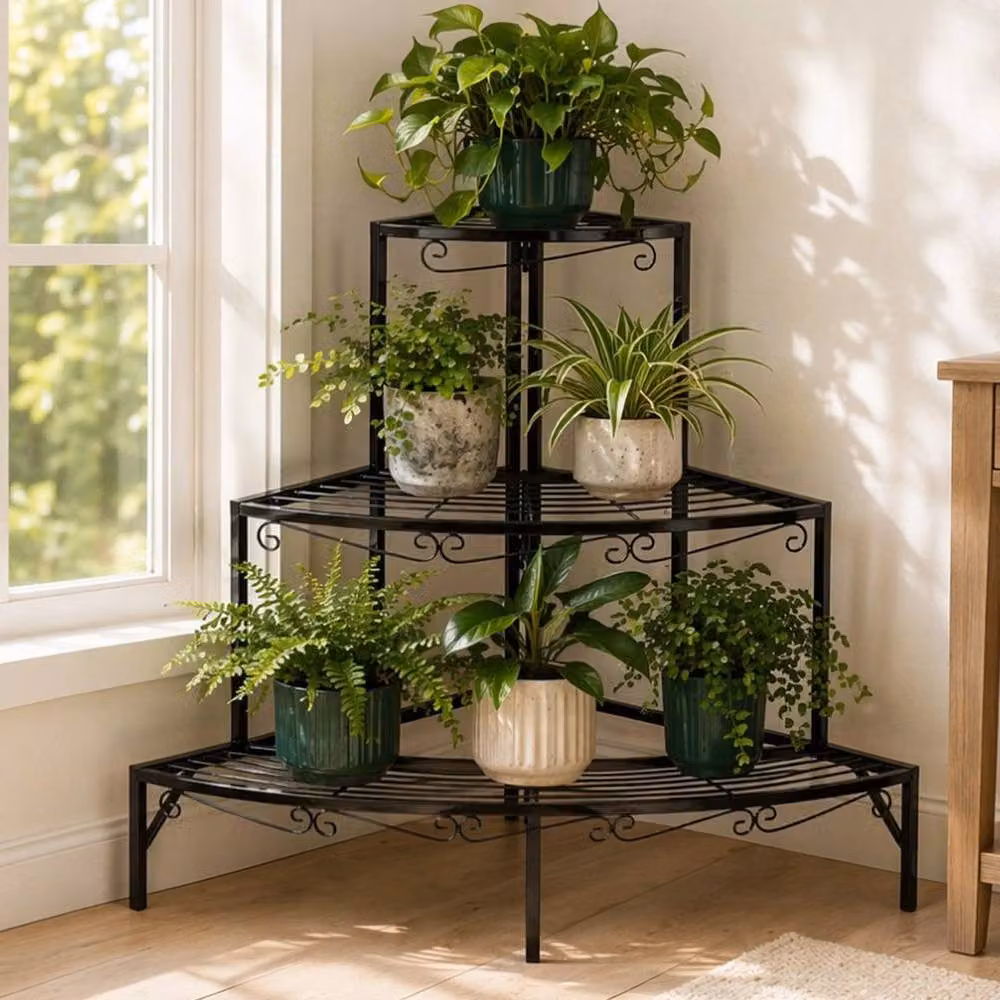 Kelvenix 3 Tier Metal Corner Plant Stand in Matt Black, H 84 cm x W 59 cm x D 59 cm – 4