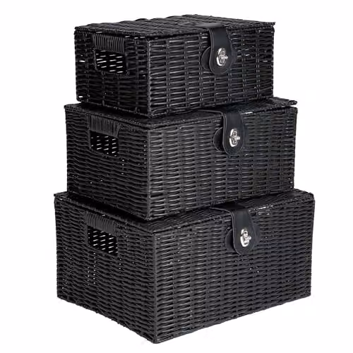 INNOTECK 3-Piece Black Resin Wicker Storage Basket Set with Lids and Handles