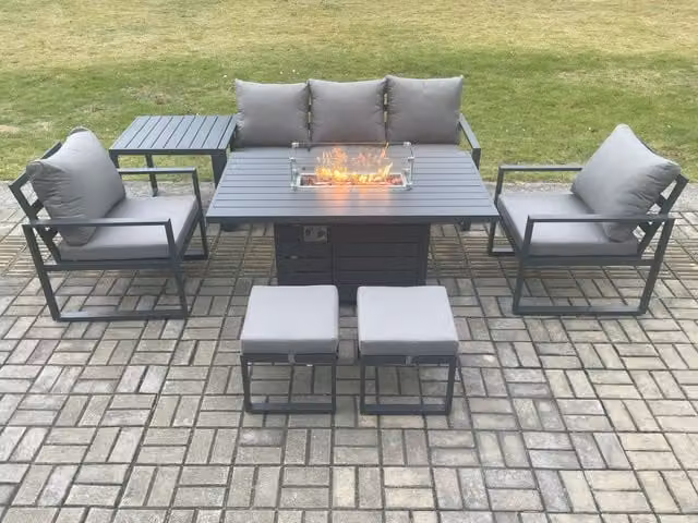 Fimous Aluminium Outdoor Garden Furniture Set with Gas Fire Pit Dining Table, Side Table, Lounge Sofa and 2 Footstools in Dark Grey