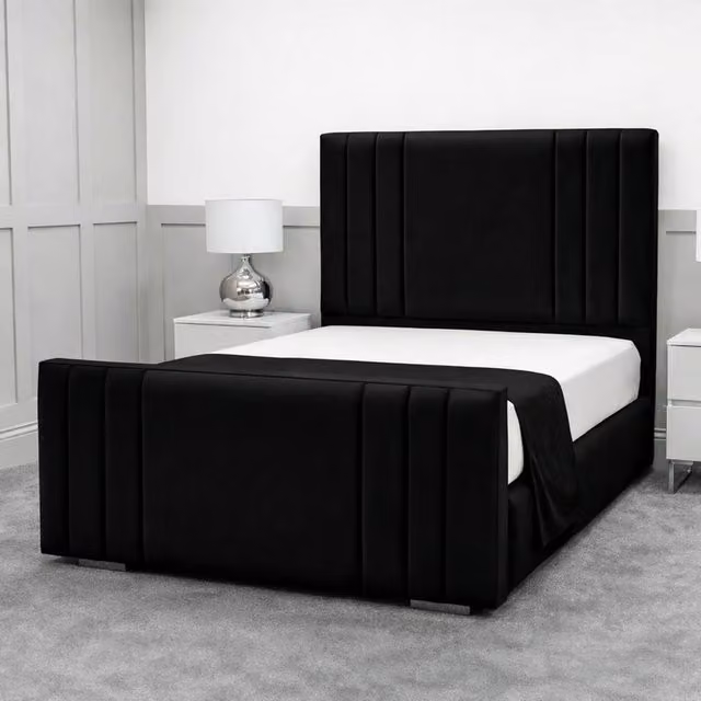 Living Comfort Bedz Canberra Double Upholstered Plush Velvet Bed with Slatted Base and 48 Inch Headboard in Black, W/D/H: 140 x 200 cm