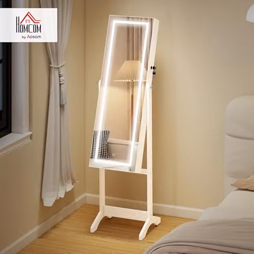 HOMCOM Lockable Jewellery Cabinet with LED Light and Mirror, White, H 151.5 x W 46.0 x D 36.5 cm – 2