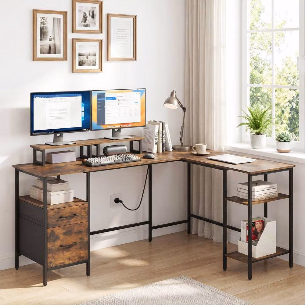 Costway L-shaped Reversible Corner Desk with Power Outlets in Brown – 4
