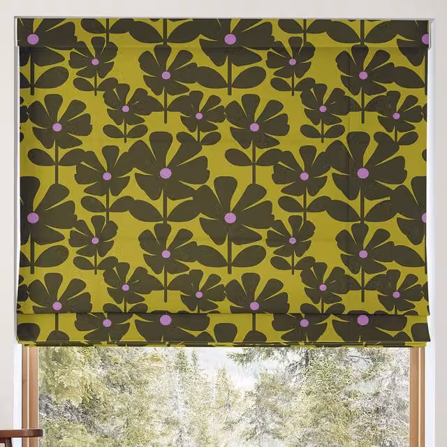Orla Kiely Wildflower Made To Measure Blackout Roman Blind in Charteuse Green, Purple and Gold