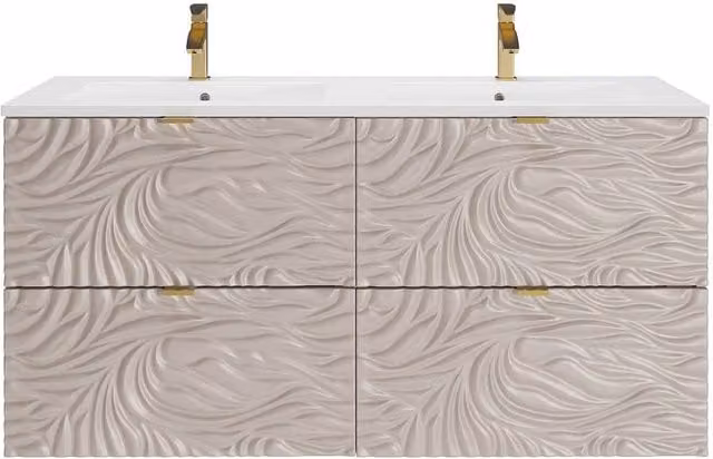 Vente-unique Modern Textured Wall-Mounted Bathroom Vanity Unit with Inset Basin and LED Lighting in Beige and White, W/D/H: 120 x 46 x 60 cm