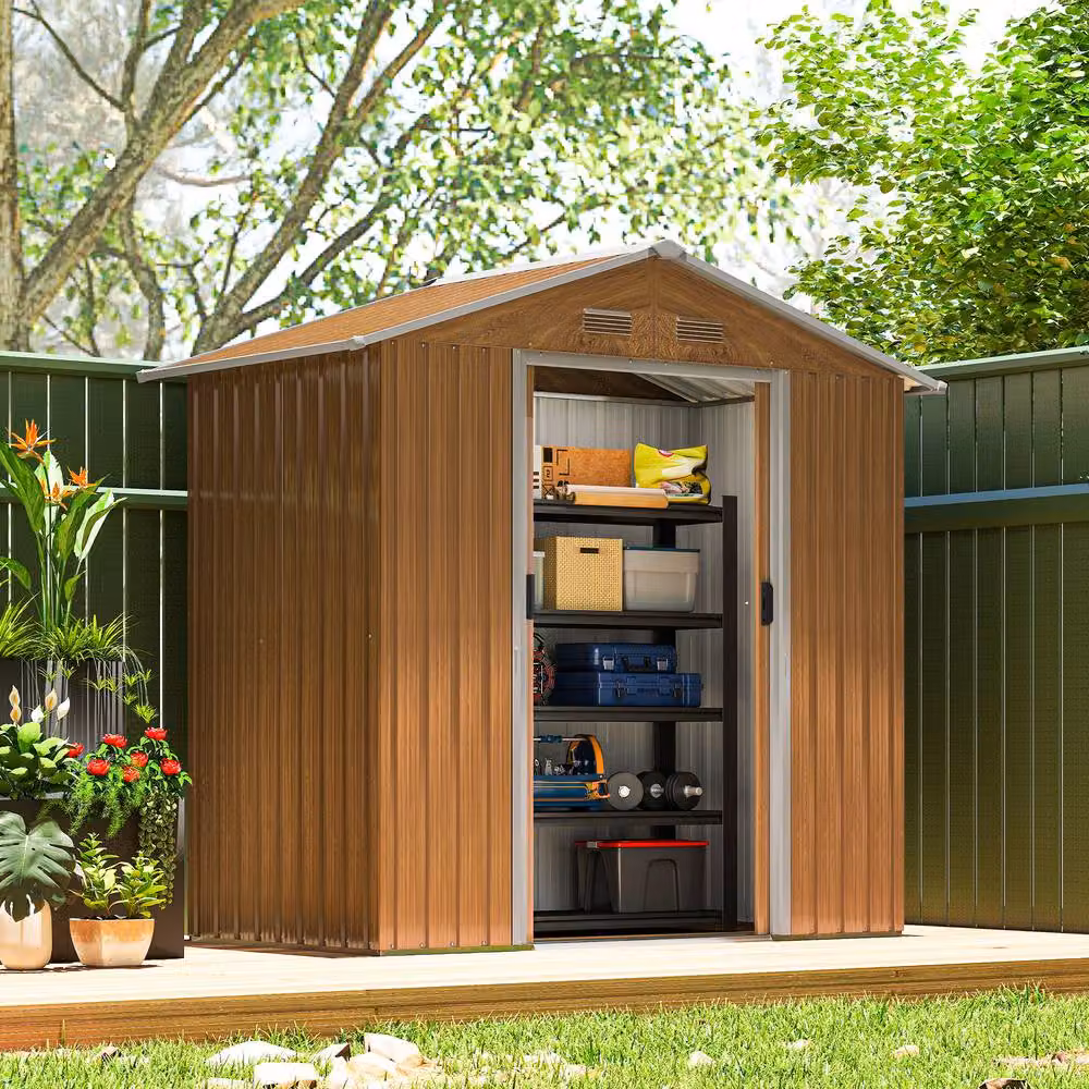Rolipo Metal Garden Shed in Dark Brown Wood Effect with Sliding Gable Doors – 3