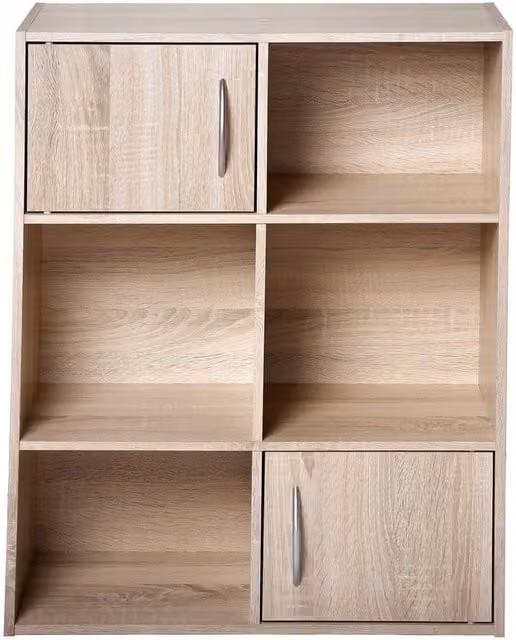 CALICOSY 6-Compartment Storage Shelf with 2 Doors in Light Brown, W/D/H: 61.5 x 29.5 x 80 cm