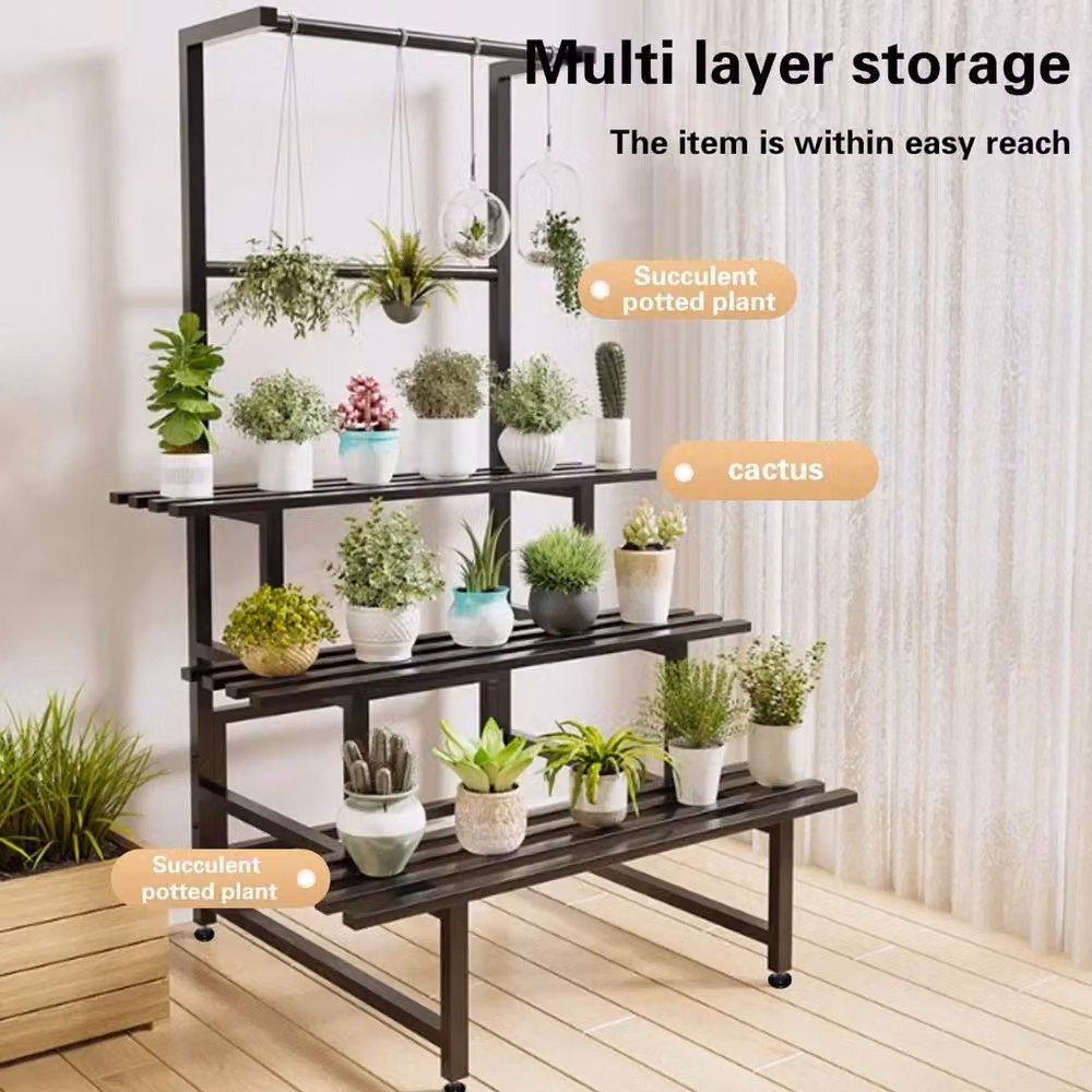 SPETLEK Three Layer Metal Plant Stand in Black, H 154 x W 80 x D 62 cm – 2