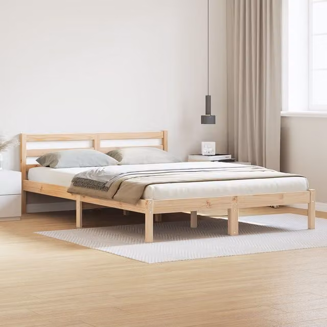 Berkfield Home Modern Bed Frame with Headboard in Brown Solid Pine Wood, W: 140 cm, L: 220 cm