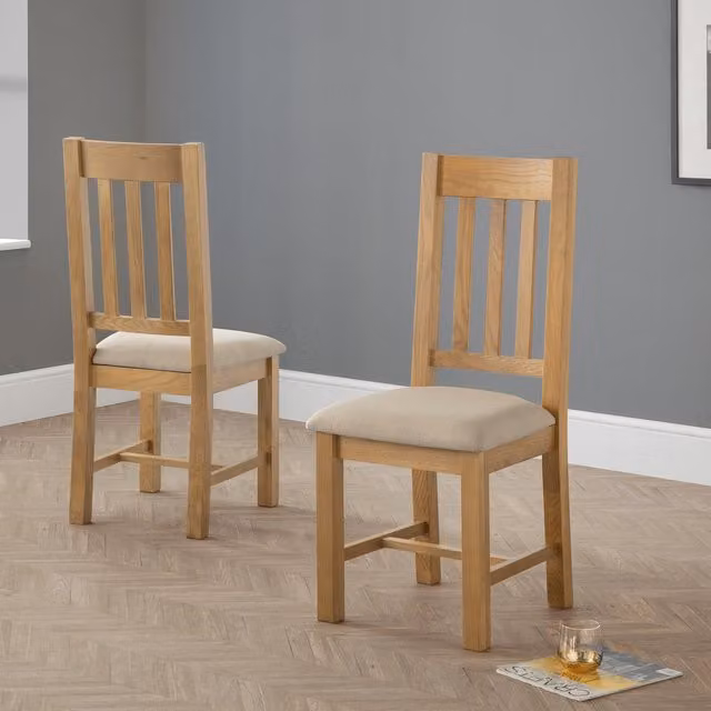 Julian Bowen Hereford Set of 2 Dining Chairs in Waxed Oak with Beige Fabric Upholstery