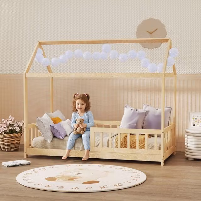 HOMCOM House-Shaped Kids Bed Frame in Natural Wood Finish