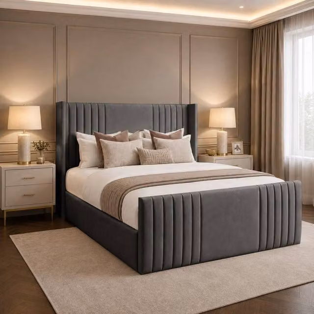 Desire Deco Carolyn Wingback Upholstered Panel Bed Frame in Grey Plush Velvet, Super King Size (200 x 200 cm)
