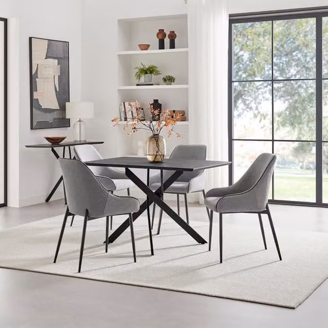 FurnitureboxUK Leonardo Black Top Dining Table with 4 Beaumont Grey Fabric Chairs