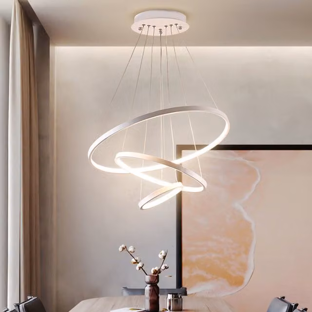 Livingandhome Modern 3 Tiered LED Ring Pendant Light, White, 90W, Dimmable