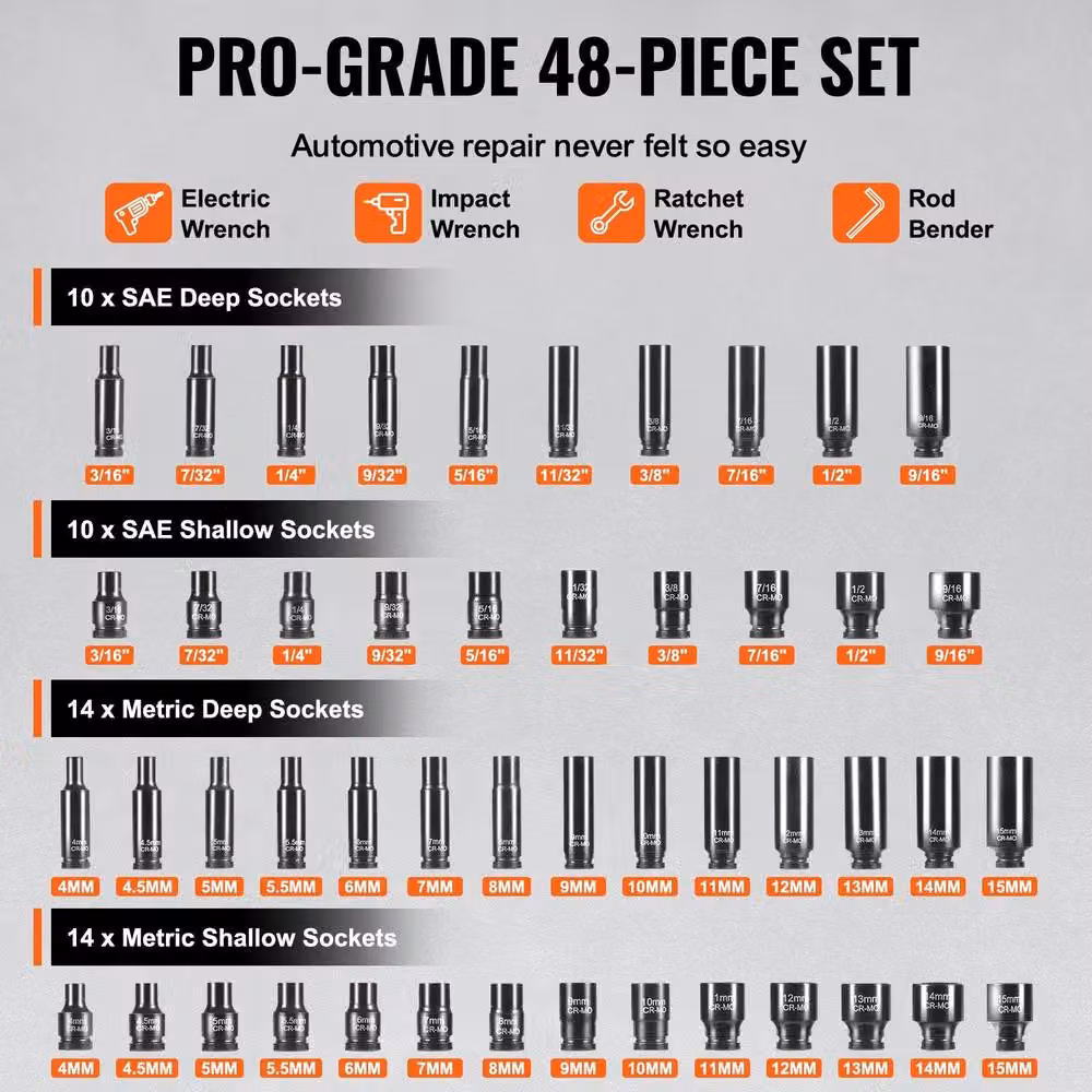 VEVOR 48 Piece 1/4 Inch Deep and Shallow Socket Set in Black Chrome Molybdenum Alloy Steel – 4