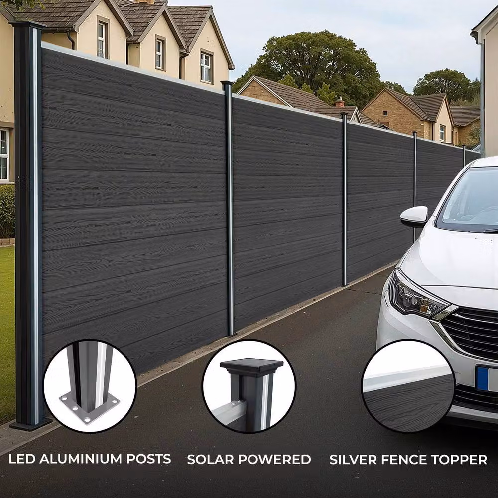 Monstershop Grey Double Sided Wood Grain Slatted Composite Fence Panels and Aluminium Posts with Solar Powered LED Lighting, W: 353 cm, H: 185 cm – 2