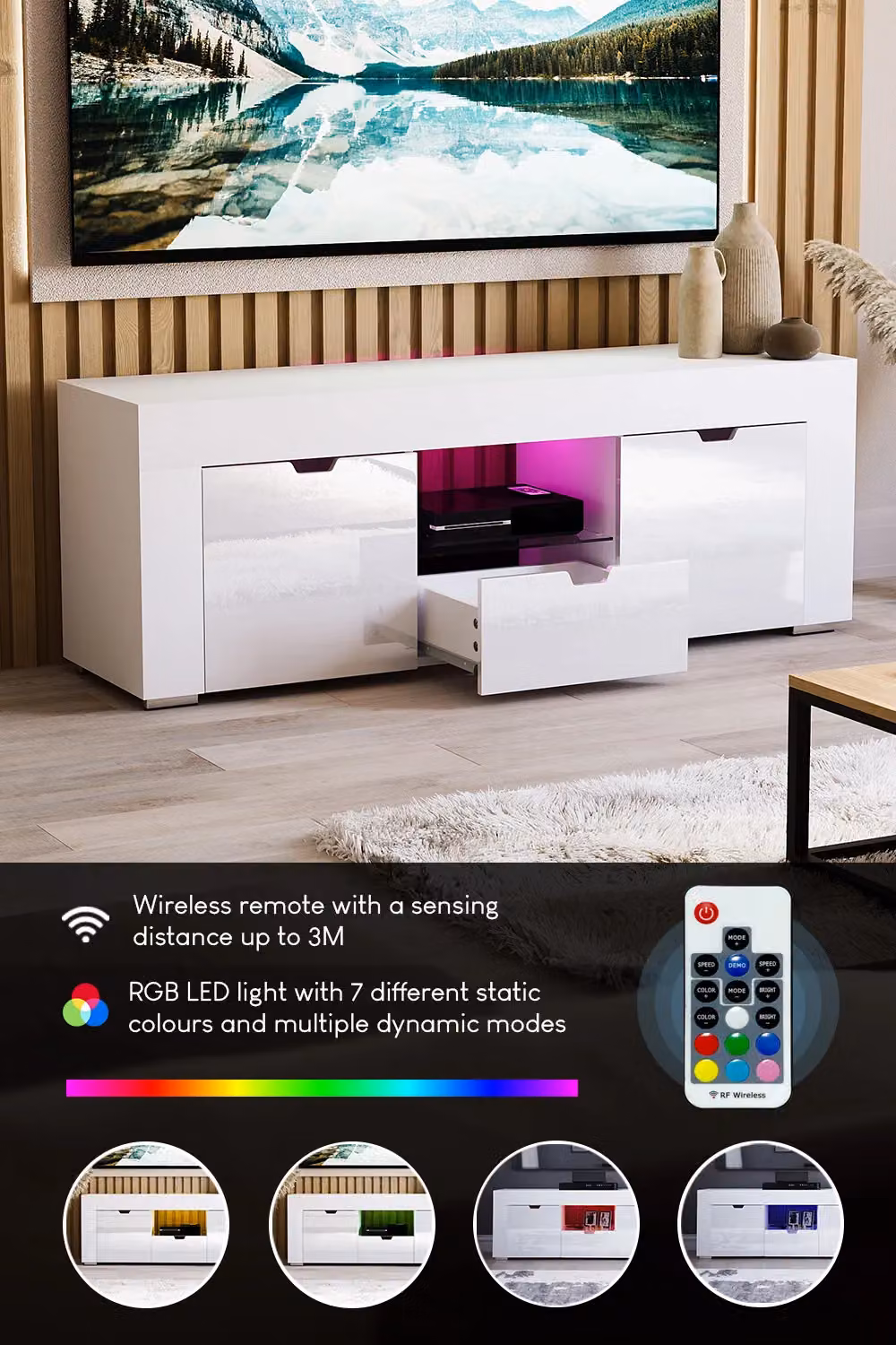 Vida Designs Eclipse Modern White Glossy LED TV Unit with 2 Doors, 1 Drawer and Integrated Lighting – 3