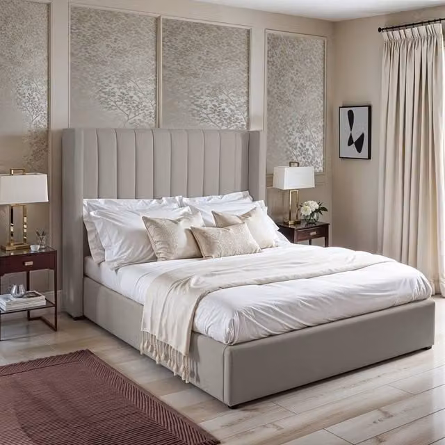 UK Bed Furniture Barcelona Gas Lift Storage Upholstered Bed in Light Beige, Size: Single (90 x 190 cm)