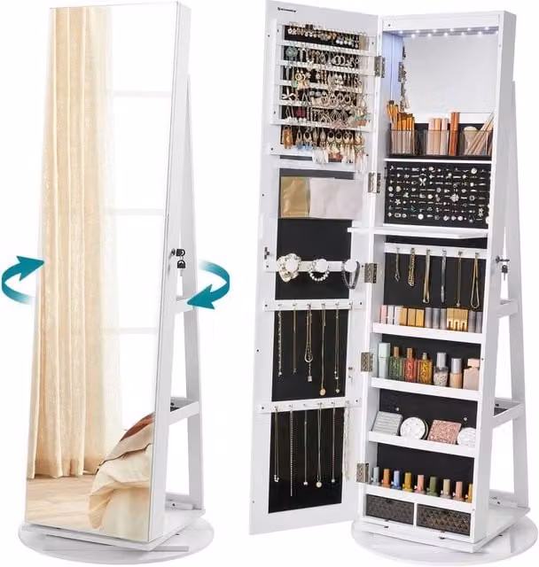 FORGEVIO White Mirror Jewellery Cabinet with Integrated LED Lighting and Glass Doors