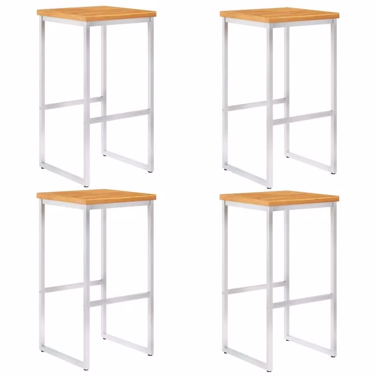 Berkfield Home Set of 4 Modern Bar Chairs in Brown Solid Acacia Wood and Stainless Steel