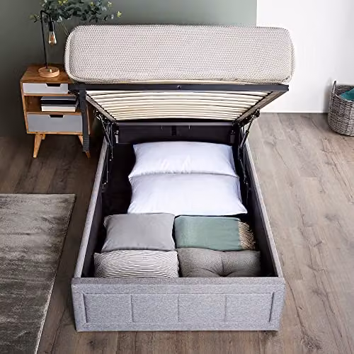 Home Treats Grey Fabric Upholstered Single Ottoman Bed Frame with Lift Up Storage W/D/H: 90 x 200 x 30 cm – 3