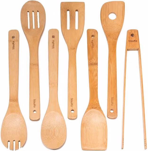 BlauKe 8-Piece Bamboo Wooden Kitchen Utensils Set with Holder, Non-Scratch, Beige