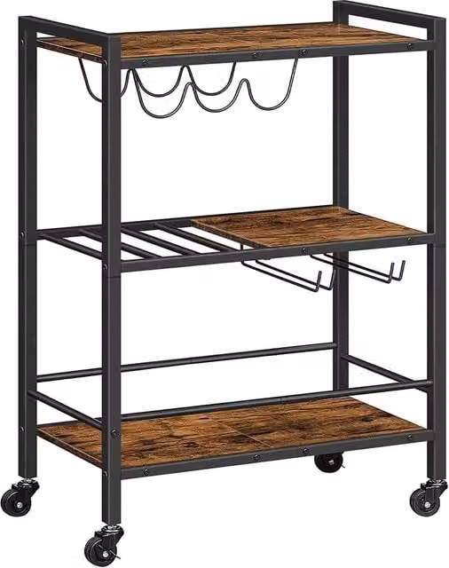 NESTLUNE 3 Tier Industrial Design Rolling Wooden Kitchen Bar in Black – 1