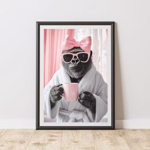 60 Second Makeover Gorilla Pink Bow Animal Print Paper Poster, A3, Pink, Black and White