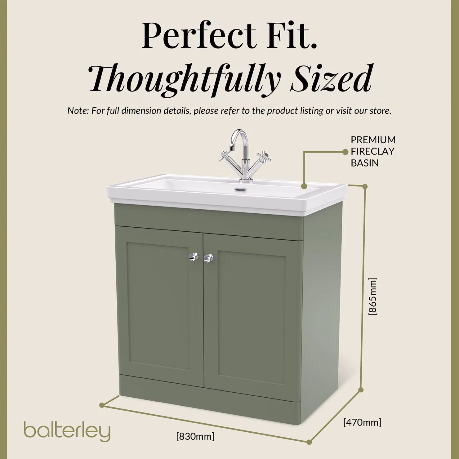 Balterley 2-Door Freestanding Bathroom Floor Vanity Unit with Fireclay Basin in Satin Green, W: 80 cm, H: 86.5 cm – 2