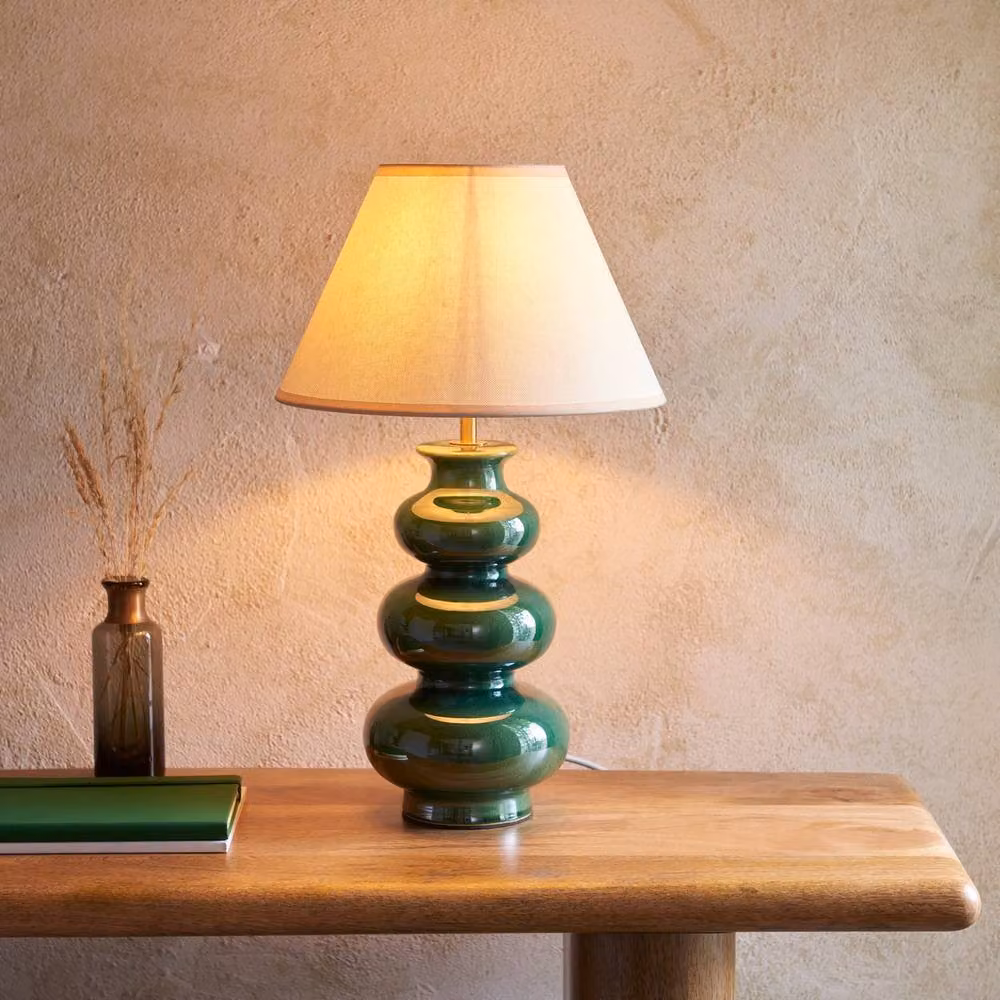 Netlighting Monroe Gloss Green Glaze Ceramic Table Lamp with Fabric Ivy Shade, Height: 30 cm – 2