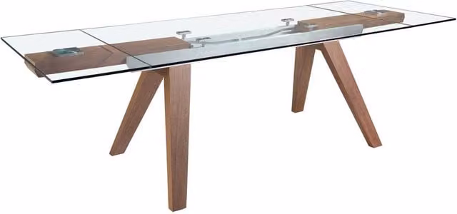 Angel Cerda Modern Rectangular Extendable Dining Table with Brown Tempered Glass and Walnut Wood Finish, W/D/H: 100 x 90 x 76 cm
