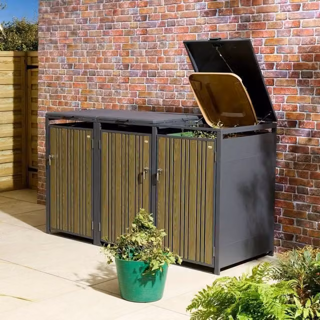Rowlinson Wimbledon Triple Bin Store in Dark Grey Steel, W: 200.5 cm, H: 116.5 cm, L: 81 cm