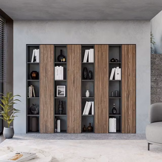 Decorotika Oslo Wall System with Alina Pattern Doors and Open Shelving in Brown